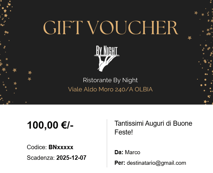 Gift Card Ristorante By Night: regala un'esperienza culinaria! Ristorante By Night Olbia
